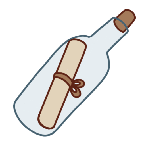 a drawing of a corked bottle with a piece of rolled up paper inside, the paper has a cord tied around it